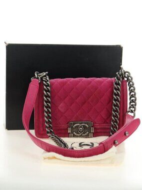 Authentic Chanel Boy Pink Velvet Shoulder Bag with Box & Dust Bag